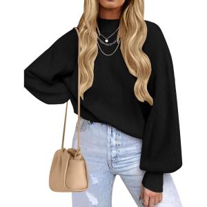 ZESICA Women’s Casual Turtleneck Long Lantern Sleeve Fall 2026 Oversized Ribbed Knit Pullover Sweater Jumper Top(Black)