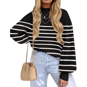 ZESICA Women’s Casual Turtleneck Long Lantern Sleeve Fall 2026 Oversized Ribbed Knit Pullover Sweater Jumper Top(Blackstripe)