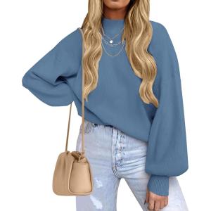ZESICA Women’s Casual Turtleneck Long Lantern Sleeve Fall 2026 Oversized Ribbed Knit Pullover Sweater Jumper Top(Greyblue)