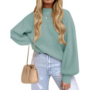 ZESICA Women’s Casual Turtleneck Long Lantern Sleeve Fall 2026 Oversized Ribbed Knit Pullover Sweater Jumper Top(Lake)