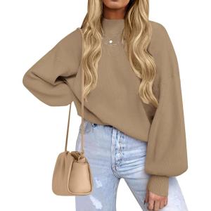 ZESICA Women’s Casual Turtleneck Long Lantern Sleeve Fall 2026 Oversized Ribbed Knit Pullover Sweater Jumper Top(Lightkhaki)