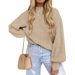 ZESICA Women’s Casual Turtleneck Long Lantern Sleeve Fall 2026 Oversized Ribbed Knit Pullover Sweater Jumper Top(Oatmeal)