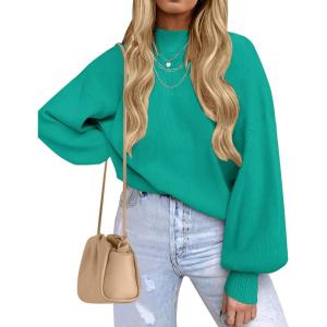 ZESICA Women’s Casual Turtleneck Long Lantern Sleeve Fall 2026 Oversized Ribbed Knit Pullover Sweater Jumper Top(Peacock)