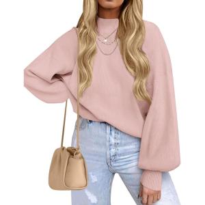 ZESICA Women’s Casual Turtleneck Long Lantern Sleeve Fall 2026 Oversized Ribbed Knit Pullover Sweater Jumper Top(Pink)