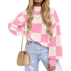 ZESICA Women’s Casual Turtleneck Long Lantern Sleeve Fall 2026 Oversized Ribbed Knit Pullover Sweater Jumper Top(Pinkplaid)
