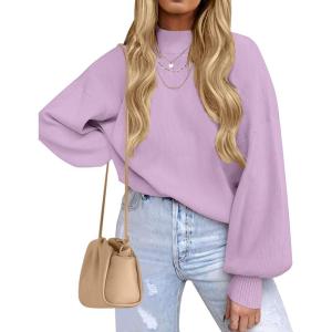 ZESICA Women’s Casual Turtleneck Long Lantern Sleeve Fall 2026 Oversized Ribbed Knit Pullover Sweater Jumper Top(Purple)