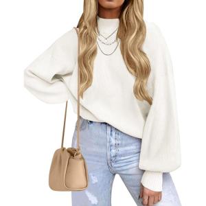 ZESICA Women’s Casual Turtleneck Long Lantern Sleeve Fall 2026 Oversized Ribbed Knit Pullover Sweater Jumper Top(White)