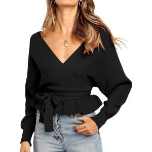 ZESICA Women’s Fall 2026 Wrap V Neck Long Batwing Sleeve Belted Waist Ruffle Knitted Sweater Pullover Top(Black)