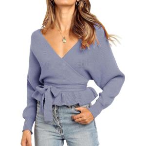 ZESICA Women’s Fall 2026 Wrap V Neck Long Batwing Sleeve Belted Waist Ruffle Knitted Sweater Pullover Top(Blue)