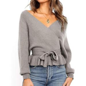 ZESICA Women’s Fall 2026 Wrap V Neck Long Batwing Sleeve Belted Waist Ruffle Knitted Sweater Pullover Top(Grey)