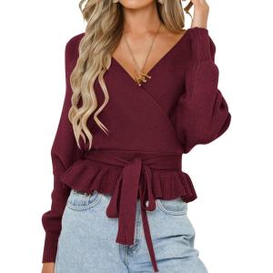ZESICA Women’s Fall 2026 Wrap V Neck Long Batwing Sleeve Belted Waist Ruffle Knitted Sweater Pullover Top(Wine)