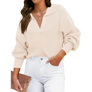 ZESICA Women’s Fall Lapel Collar V Neck Long Sleeve Ribbed Knit Comfy Loose Casual Pullover Sweater Jumper Top(Beige)
