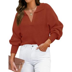 ZESICA Women’s Fall Lapel Collar V Neck Long Sleeve Ribbed Knit Comfy Loose Casual Pullover Sweater Jumper Top(Brickred)