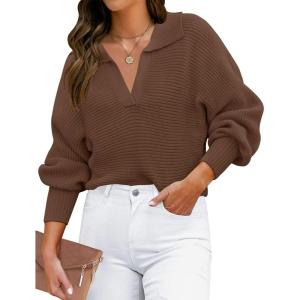 ZESICA Women’s Fall Lapel Collar V Neck Long Sleeve Ribbed Knit Comfy Loose Casual Pullover Sweater Jumper Top(Coffee)