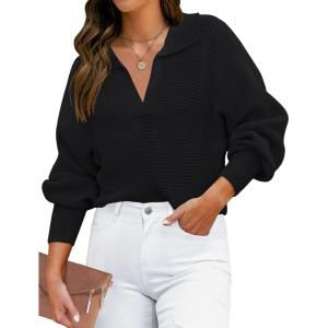 ZESICA Women’s Fall Lapel Collar V Neck Long Sleeve Ribbed Knit Comfy Loose Casual Pullover Sweater Jumper Top(Darkblack)