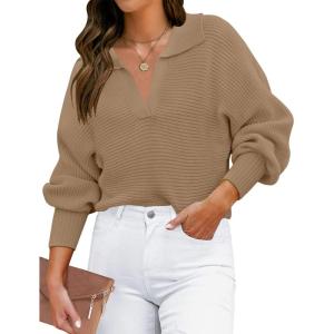 ZESICA Women’s Fall Lapel Collar V Neck Long Sleeve Ribbed Knit Comfy Loose Casual Pullover Sweater Jumper Top(Khaki)