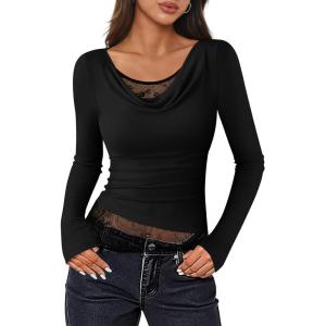 ZESICA Women’s Fall Long Sleeve Tops 2026 Casual Cowl Neck Lace Slim Fit Going Out Y2k Knit Shirts Blouses(Black)