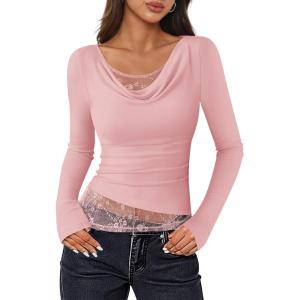 ZESICA Women’s Fall Long Sleeve Tops 2026 Casual Cowl Neck Lace Slim Fit Going Out Y2k Knit Shirts Blouses(Pink)