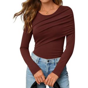 ZESICA Women’s Fall Long Sleeve Tops 2026 Casual Crewneck Ruched Shirts Slim Fit Going Out Y2K Blouses(Rust)