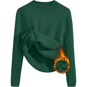 ZESICA Women’s Fleece Sherpa Lined Sweater 2026 Winter Thermal Shirts Long Sleeve Mock Neck Slim Fitted Pullover Tops(Darkgreen)