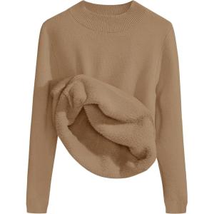 ZESICA Women’s Fleece Sherpa Lined Sweater 2026 Winter Thermal Shirts Long Sleeve Mock Neck Slim Fitted Pullover Tops(Khaki)