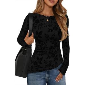 ZESICA Womens Floral Long Sleeve Shirts 2026 Spring Boat Neck Mesh Ruched Tops Fitted Asymmetrical Going Out Blouses(Black)