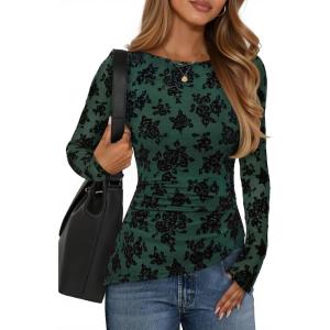 ZESICA Womens Floral Long Sleeve Shirts 2026 Spring Boat Neck Mesh Ruched Tops Fitted Asymmetrical Going Out Blouses(Green)