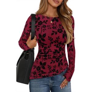 ZESICA Womens Floral Long Sleeve Shirts 2026 Spring Boat Neck Mesh Ruched Tops Fitted Asymmetrical Going Out Blouses(Red)