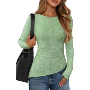 ZESICA Womens Floral Long Sleeve Shirts 2026 Spring Boat Neck Mesh Ruched Tops Fitted Asymmetrical Going Out Blouses(Sage)