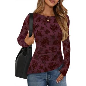 ZESICA Womens Floral Long Sleeve Shirts 2026 Spring Boat Neck Mesh Ruched Tops Fitted Asymmetrical Going Out Blouses(Wine)