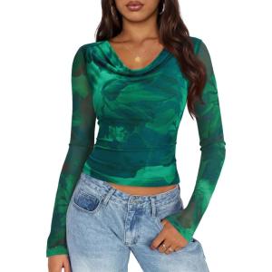 ZESICA Womens Floral Mesh Long Sleeve Tops 2026 Fall Cowl Neck Slim Fit Going Out Y2k Shirts Trendy Date Night Outfits(Green)