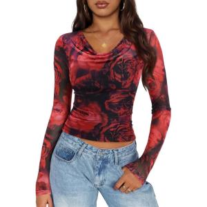 ZESICA Womens Floral Mesh Long Sleeve Tops 2026 Fall Cowl Neck Slim Fit Going Out Y2k Shirts Trendy Date Night Outfits(Red)
