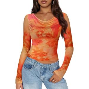 ZESICA Womens Floral Mesh Long Sleeve Tops 2026 Fall Cowl Neck Slim Fit Going Out Y2k Shirts Trendy Date Night Outfits(Tangerine)