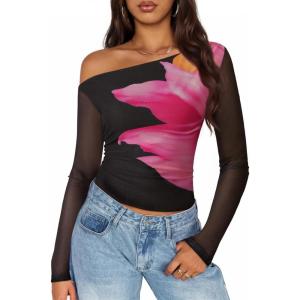 ZESICA Women’s Floral Off Shoulder Long Sleeve Tops 2026 Spring Mesh Ruched Fitted Trendy Going Out Shirts Blouses(Black)