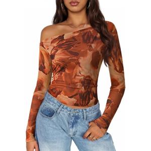 ZESICA Women’s Floral Off Shoulder Long Sleeve Tops 2026 Spring Mesh Ruched Fitted Trendy Going Out Shirts Blouses(Brown)