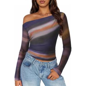 ZESICA Women’s Floral Off Shoulder Long Sleeve Tops 2026 Spring Mesh Ruched Fitted Trendy Going Out Shirts Blouses(Darkpurple)