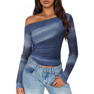 ZESICA Women’s Floral Off Shoulder Long Sleeve Tops 2026 Spring Mesh Ruched Fitted Trendy Going Out Shirts Blouses(Dustyblue)