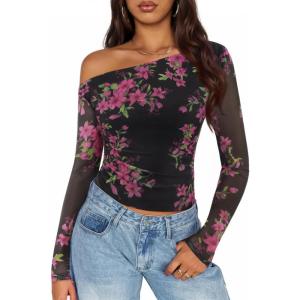 ZESICA Women’s Floral Off Shoulder Long Sleeve Tops 2026 Spring Mesh Ruched Fitted Trendy Going Out Shirts Blouses(Ebony)