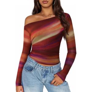 ZESICA Women’s Floral Off Shoulder Long Sleeve Tops 2026 Spring Mesh Ruched Fitted Trendy Going Out Shirts Blouses(Fuchsia)