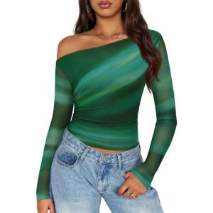 ZESICA Women’s Floral Off Shoulder Long Sleeve Tops 2026 Spring Mesh Ruched Fitted Trendy Going Out Shirts Blouses(Green)