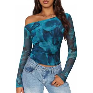 ZESICA Women’s Floral Off Shoulder Long Sleeve Tops 2026 Spring Mesh Ruched Fitted Trendy Going Out Shirts Blouses(Lakeblue)