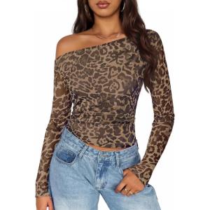 ZESICA Women’s Floral Off Shoulder Long Sleeve Tops 2026 Spring Mesh Ruched Fitted Trendy Going Out Shirts Blouses(Leopardbrown)