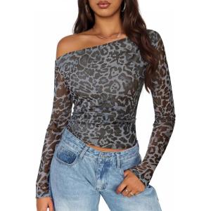 ZESICA Women’s Floral Off Shoulder Long Sleeve Tops 2026 Spring Mesh Ruched Fitted Trendy Going Out Shirts Blouses(Leopardgray)