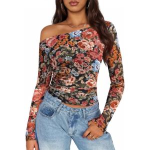 ZESICA Women’s Floral Off Shoulder Long Sleeve Tops 2026 Spring Mesh Ruched Fitted Trendy Going Out Shirts Blouses(Multicolour)