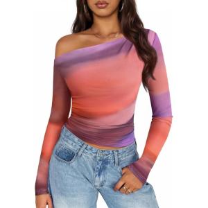 ZESICA Women’s Floral Off Shoulder Long Sleeve Tops 2026 Spring Mesh Ruched Fitted Trendy Going Out Shirts Blouses(Pinkpurple)