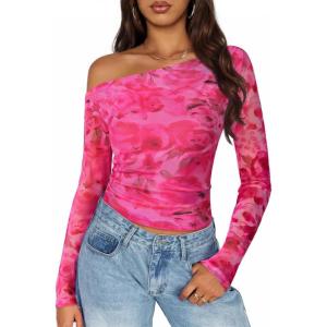 ZESICA Women’s Floral Off Shoulder Long Sleeve Tops 2026 Spring Mesh Ruched Fitted Trendy Going Out Shirts Blouses(Rose)