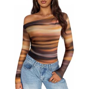 ZESICA Women’s Floral Off Shoulder Long Sleeve Tops 2026 Spring Mesh Ruched Fitted Trendy Going Out Shirts Blouses(Rosebrown)