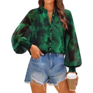 ZESICA Women’s Floral Print Blouse 2026 Long Sleeve Button Down Casual Fall Boho Oversized Tops Shirts(Dark Green)