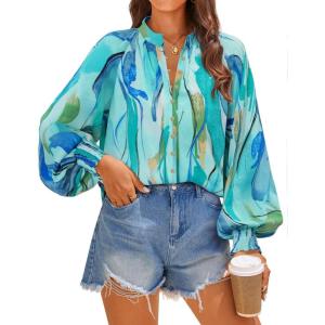 ZESICA Women’s Floral Print Blouse 2026 Long Sleeve Button Down Casual Fall Boho Oversized Tops Shirts(Lake)