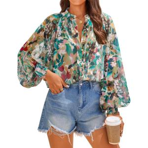 ZESICA Women’s Floral Print Blouse 2026 Long Sleeve Button Down Casual Fall Boho Oversized Tops Shirts(Pink Green)